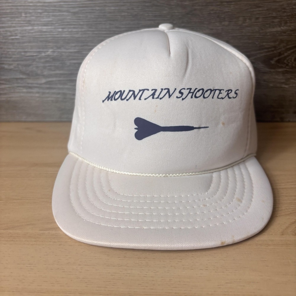 VINTAGE Mountain Shooters Hat Cap Snap Back White Rope Foam Front Mens USA 80s